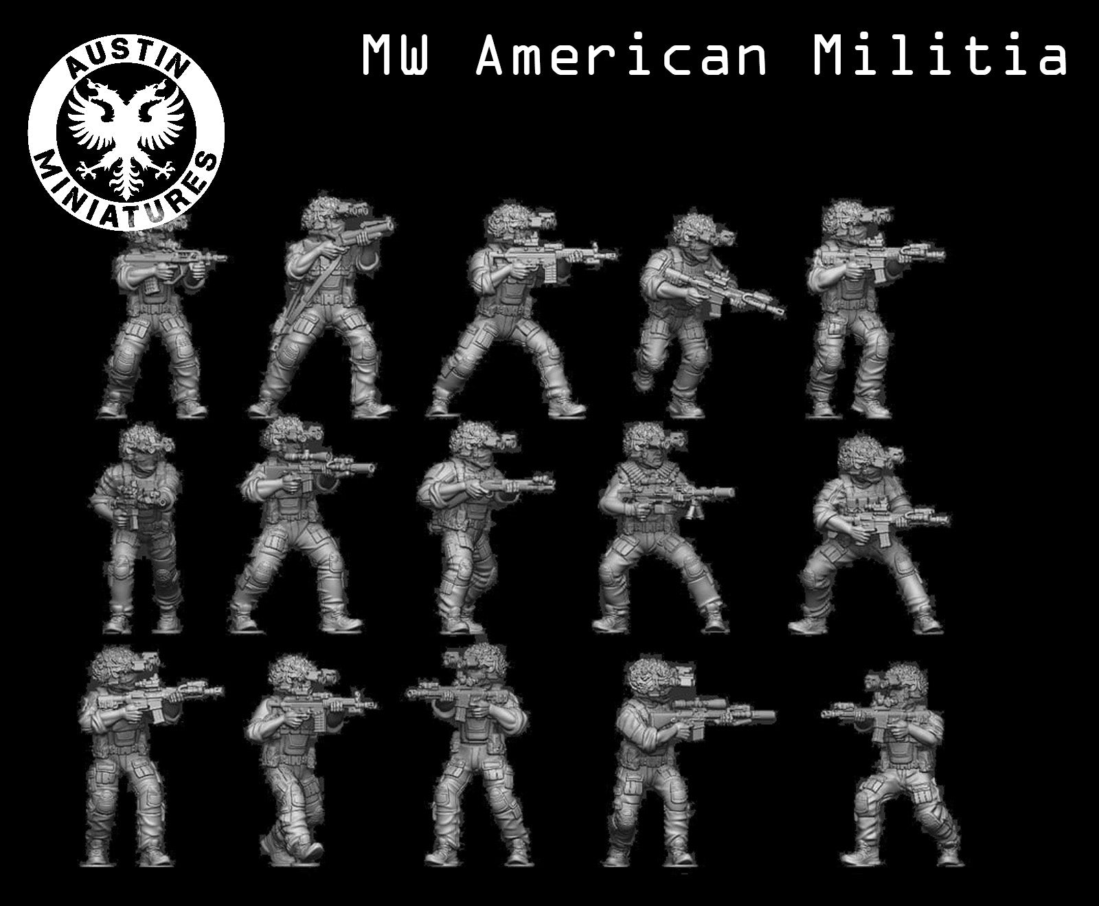 Modern American Militia Squad - 3d Printed Scale Models 1:56 / 28mm - Austin Miniatures