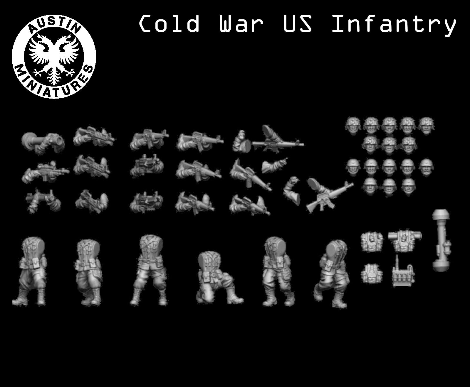 Cold War U.S. Infantry Squad - 3d Printed Scale Models 1:56 / 28mm - Austin Miniatures